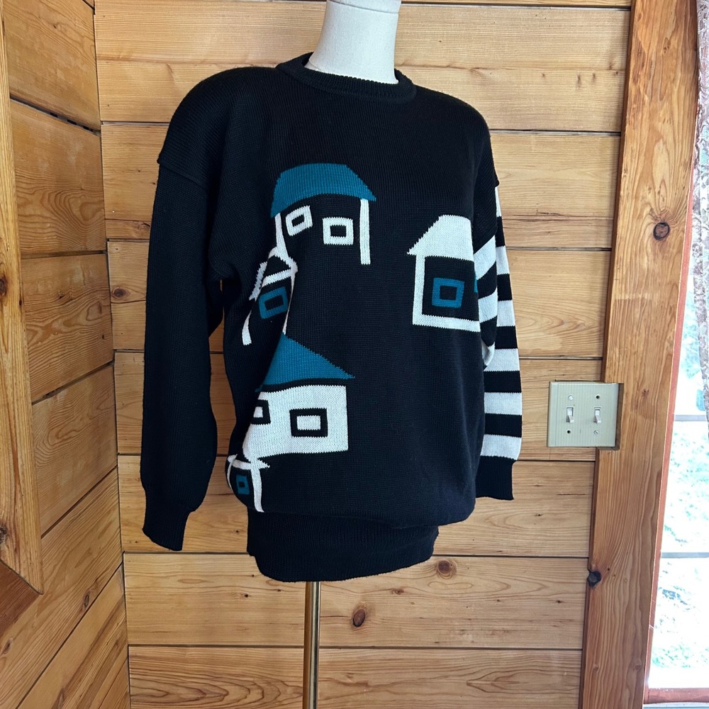 Vintage Wool House Knit Sweater Women Small Black Teal Village Lyse Spenard